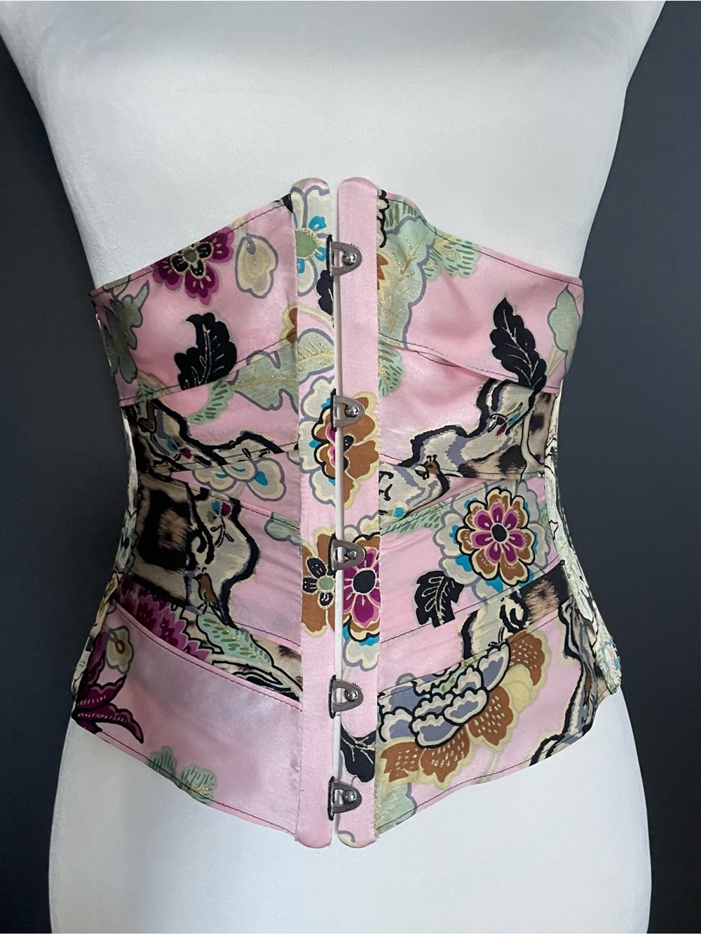 ROBERTO CAVALLI Vintage S/S 2003 Pink Chinogam Chinoiserie Silk Corset Cincher M